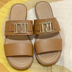 ASOS sandals River Island Double Strap Sliders slides flats brown nude gold